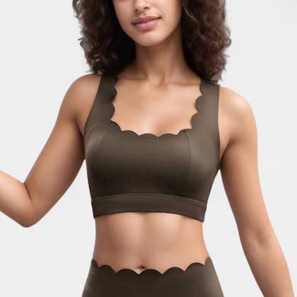 Anna-Kaci Active Women's Scalloped Edge Sports Bra Top with Wide Straps and Soft Stretch Fabric - Small, Brown