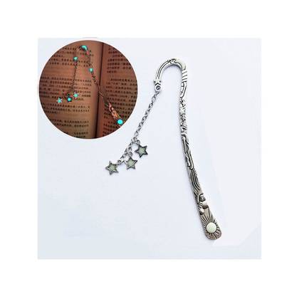 Luminous Sun Moon Star Bookmark Retro Pentagram Glowing Metal Bookmark(Ancient Silver Stars)
