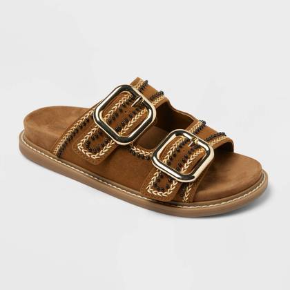 Women's Collin Double Buckle Footbed Sandals - Universal Thread™ Chestnut 10: Slip-On, Open Toe, Textured Outsole, Medium Width