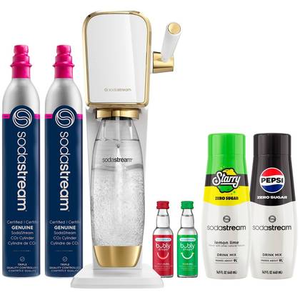 SodaStream Art Gold Soda Maker with Additional Cylinder and Flavors Bundle