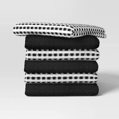 6pc Terry Kitchen Towels Black - Room Essentials™: Gingham Check, Cotton, Machine Wash, Dobby, OEKO-TEX Certified