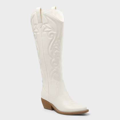 Women’s Kenzie Wide Calf Tall Western Boots with Memory Foam Insole – Wild Fable™ Ivory 7.5WC: Knee-High, Block Heel, Zipper Closure