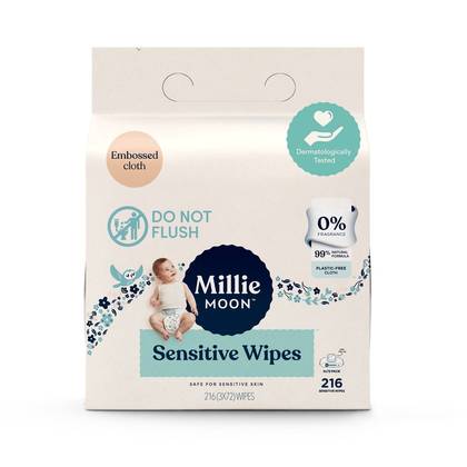 Millie Moon Sensitive Wipes - 216ct: Whole Body, Diaper Area, Latex-Free, Hypoallergenic, Alcohol-Free