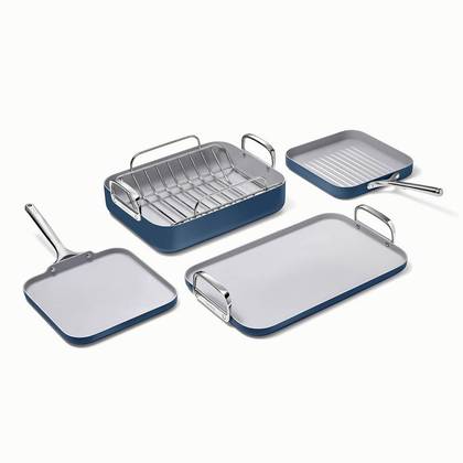 Caraway Home 7pc Square Cookware Set Navy: Nonstick Ceramic Cookware, Includes Griddle Pans & Roasting Pan