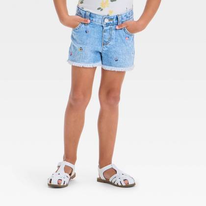 Toddler Girls' Floral Embroidered Shorts - Cat & Jack™ Light Wash 12M: Adjustable Waistband, Mid-Rise Denim, Machine Washable