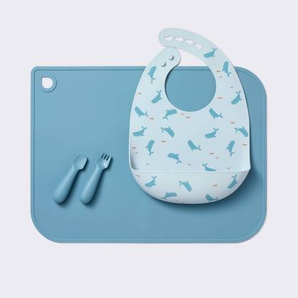 Silicone Bib and Utensil Feeding Set - 4pc - Blue - Cloud Island™: BPA & PVC-Free, Whale Pattern, Solid Dinnerware