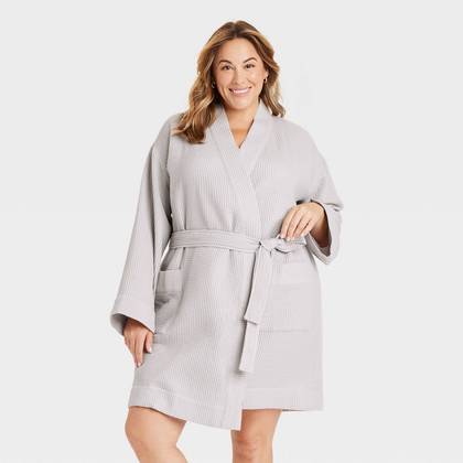 Women's Waffle Short Robe - Auden™ Light Gray 3X/4X: Cotton Blend, Recycled Polyester, Midweight, Front Tie, Long Sleeve, Machine Washable