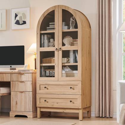 71″ Tall Arched Pantry Cabinet with 2 Drawers & Adjustable Shelves & Glass Doors, Modern Farmhouse Kitchen Storage Cabinet, Natrual
