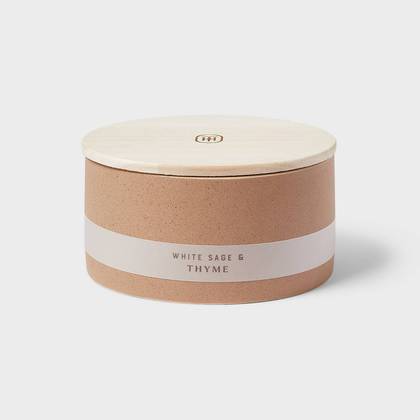 3 Wick Matte Textured Ceramic Wooden Wick White Sage Thyme Candle Brown 14oz - Threshold™: Soy Wax Blend, 48hr Burn Time