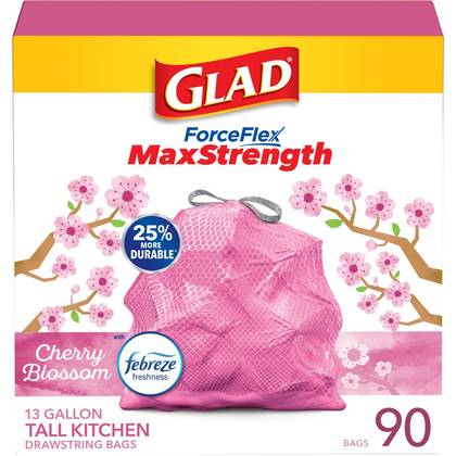 Glad ForceFlex MaxStrength Tall Kitchen Drawstring Pink Trash Bags - Cherry Blossom - 13gal/90ct